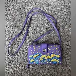 Hand painted mushroom purse fairycore mini genuine leather purple and yellow